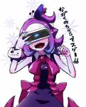  blush bow demon_girl dress fangs head_mounted_display highres musume playstation_vr purple_dress purple_nails sleeveless smile sparkle_background sweat sweatdrop v_yuusha_no_kuse_ni_namaiki_da_r yuusha_no_kuse_ni_namaiki_da yuzumikan121 