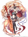  1girl animal_ears bare_shoulders blonde_hair empty_eyes expressionless eyes_visible_through_hair full_body hair_over_one_eye half-nightmare hand_on_hip hat highres holding holding_weapon ji_no looking_at_viewer miniskirt official_art pale_skin pig_ears plump red_eyes ribbon sinoalice skirt solo square_enix sword tattoo thighhighs three_little_pigs_(sinoalice) weapon white_background 