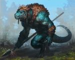 2017 anthro biceps blue_body claws clothed clothing digital_media_(artwork) hi_res holding_object holding_spear holding_weapon male melee_weapon muscular muscular_male polearm reptile scales scalie sharp_teeth solo spear taran_fiddler teeth weapon 