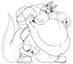  2017 5_fingers anthro balls belly big_balls big_belly big_bulge big_muscles bottomwear bulge clothing fierglief fingers fist flexing footwear genitals grin hi_res huge_balls huge_bulge huge_muscles hyper hyper_balls hyper_belly hyper_bulge hyper_genitalia hyper_muscles kangaroo line_art looking_at_viewer macropod male mammal marsupial monochrome musclegut muscular navel nipples pants plantigrade shoes smile solo standing thick_tail 