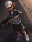  1girl baseball_cap blonde_hair commentary dutch_angle folding_stock gun hat holding holding_gun holding_weapon jacket mini_uzi original pleated_skirt ponytail shirt shoes skirt sneakers solo submachine_gun t-shirt tessaku_ro track_jacket weapon 