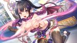  akasaai black_hair blush breasts brown_hair demon game_cg long_hair lovelia navel nipples pointed_ears ponytail qureate scarf succubus tail tears thighhighs topless troubledays wings 