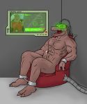  anthro biceps bodily_fluids chained chair claws drooling erection eyewear feet furniture genital_fluids genitals goggles grey_background hypnosis male mammal mind_control muscular muscular_male nude pecs penis precum rak_wraithraiser red_eyes reptile saliva scalie screen simple_background solo tongue tongue_out tower_of_god uchihadems 