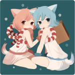  2girls animal_ears ayu_(mog) blue_background blue_eyes blue_gloves blush border cat_ears cat_tail closed_mouth flower gloves looking_at_viewer multiple_girls original red_eyes red_gloves red_hair robe short_hair simple_background sitting tail white_border 