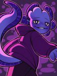  2019 3:4 amphibian anthro axolotl blush clothed clothing coof fin fully_clothed hi_res hoodie long_sleeves long_tail looking_at_viewer looking_back male mole_salamander portrait purple_eyes purple_theme salamander_(amphibian) simple_background smile solo tail_fin three-quarter_portrait topwear 