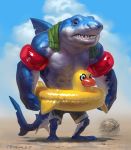  2017 anthro blue_body clothed clothing digital_media_(artwork) fish hi_res male marine muscular muscular_male open_mouth shark sharp_teeth solo standing swim_ring swimwear taran_fiddler teeth towel water_wings 