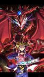  belt collar dragon dragon_wings duel_disk duel_monster extra_mouth fangs glowing_mouth hawe_king highres millennium_puzzle multicolored_hair mutou_yuugi osiris_the_sky_dragon purple_eyes spiked_hair wings yuu-gi-ou 