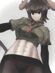  1girl abs arm_at_side aurochs_(kemono_friends) bangs black_eyes breasts brown_hair brown_legwear camouflage camouflage_shirt closed_mouth collared_shirt cow_horns cropped_shirt dutch_angle empty_eyes eyebrows_visible_through_hair groin horns kemono_friends large_breasts long_sleeves looking_at_viewer medium_hair midriff necktie no_panties no_pants outstretched_arm pantyhose railing red_neckwear see-through shibori_kasu shirt short_over_long_sleeves short_sleeves sketch solo stomach toned wing_collar 