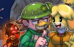  angry animal_crossing anthro armor army_helmet beak breasts canid canine canis cherry_(animal_crossing) clothing conditional_dnp domestic_dog duck_bill female fire group headgear helmet hoodie human humanoid isabelle_(animal_crossing) jealous male mammal night nintendo outside smile teckworks topwear video_games vinesauce vinny_(vinesauce) 