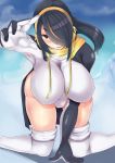  1girl all_fours arm_support arm_up bangs binchou black_hair blush breasts breath day drawing drooling emperor_penguin_(kemono_friends) eyebrows_visible_through_hair glacier gloves graphite_(medium) groin hair_over_one_eye head_tilt headphones heart heart-shaped_pupils highleg highleg_leotard highres hood hood_down huge_breasts ice impossible_clothes impossible_leotard kemono_friends leotard long_hair long_sleeves looking_at_viewer multicolored_hair outdoors parted_lips reaching_out red_hair shiny shiny_hair shiny_skin smile solo streaked_hair sweat symbol-shaped_pupils thighhighs traditional_media two-tone_hair 