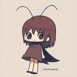  1girl :&gt; antennae ayu_(mog) bangs black_eyes blush brown_background brown_hair bug cockroach english_text full_body insect original personification simple_background solo 