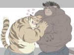  &lt;3 2020 anthro bottomwear bovid bovine cattle clothing duo eyes_closed felid gadoran humanoid_hands kemono male male/male mammal musclegut nipples one_eye_closed overweight overweight_male pantherine pants tiger wink 