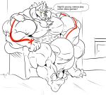  2017 4_toes 5_fingers anthro balls big_balls big_bulge big_muscles big_penis bulge canid canine canis clothing dialogue door english_text fierglief fingers fist furniture genitals hi_res huge_balls huge_bulge huge_muscles huge_penis hyper hyper_balls hyper_bulge hyper_genitalia hyper_muscles hyper_penis line_art looking_at_viewer male mammal muscular penis plantigrade shirt sitting smile sofa solo speech_bubble swaggy text toes topwear torn_clothing underwear wolf yellow_eyes 