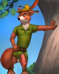  anthro balls bottomless canid canine clothed clothing digitigrade disney fox genitals humanoid_genitalia humanoid_penis katarhein male mammal outside penis robin_hood robin_hood_(disney) solo 