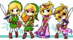  alternate_costume blonde_hair bow clothed clothing clothing_swap crossdressing dress duo female gloves green_clothing hair handwear humanoid hylian male melee_weapon nintendo pink_clothing pink_dress princess_zelda shield simple_background sword the_legend_of_zelda toon_link torn_clothing unknown_artist video_games weapon white_background wind_waker 