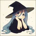  1girl ayu_(mog) black_dress black_headwear blue_eyes blue_hair breasts cleavage dress hair_between_eyes hands_up hat large_breasts long_hair looking_at_viewer original parted_lips solo white_background witch_hat 