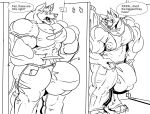  2017 anthro balls big_balls big_bulge big_muscles big_penis bottomwear bulge canid canine canis closet_room clothing dialogue duo english_text eyewear fierglief fierglief_(character) genitals glasses hi_res holding_object huge_balls huge_bulge huge_muscles huge_penis hyper hyper_balls hyper_bulge hyper_genitalia hyper_muscles hyper_penis looking_at_another male mammal monochrome muscular nipple_piercing nipples pants penis piercing plantigrade shirt speech_bubble text topwear torn_clothing wolf 