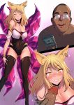  1boy 1girl ahri animal_ears blonde_hair breasts damian dark_skin dark_skinned_male fox_ears fox_girl fox_tail large_breasts league_of_legends multiple_tails penis tail yellow_eyes 