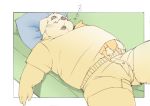  2020 anthro belly bottomwear bulge canid canine canis clothing domestic_dog duo eyes_closed inunoshippo kemono lying male mammal overweight overweight_male pillow plantigrade procyonid raccoon shorts sleeping 