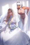  1boy 1girl bare_shoulders blonde_hair blue_eyes body_markings bouquet bridal_veil caenis_(fate) commentary_request dark_skin dress fate/grand_order fate_(series) flower hair_intakes highres kirschtaria_wodime long_hair navel no_bra no_panties open_mouth sabamori11 see-through short_hair sitting smile standing tattoo toned veil wedding_dress 