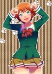  1girl :d arms_up blazer blue_eyes bow brown_background green_jacket jacket long_sleeves nanakawa_rui open_mouth orange_hair paw_pose paw_print_pattern pose red_bow rocd short_hair simple_background skirt smile solo standing striped tokimeki_memorial tokimeki_memorial_4 vertical_stripes 