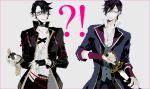  !? 2boys akashi_kuniyuki akashi_kuniyuki_(cosplay) black-framed_eyewear black_gloves black_hair cosplay costume_switch frown fushimi_saruhiko fushimi_saruhiko_(cosplay) glasses gloves hair_ornament hair_over_one_eye hairclip hand_on_hilt holding holding_sword holding_weapon jacket k_(anime) looking_at_another male_focus multiple_boys mzet open_clothes open_jacket pale_skin purple_hair scar sheath shirt short_hair sweatdrop sword tachi_(weapon) touken_ranbu unsheathing untucked_shirt weapon yellow_eyes 