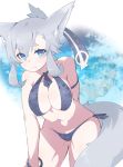  1girl animal_ears armband ass_visible_through_thighs bad_id bad_twitter_id bare_shoulders bikini blue_bikini blue_eyes blush breasts closed_mouth cowboy_shot eyebrows_visible_through_hair folded_ponytail fox_ears fox_tail highres inukaze_yamu large_breasts leaning_forward looking_at_viewer old_man original shishimanako_hareko smile solo swimsuit tail when_you_see_it wristband 