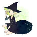  +_+ 1girl ayu_(mog) black_dress black_headwear blush bright_pupils dress food fruit grapes green_apple green_eyes green_hair long_sleeves looking_at_viewer medium_hair open_mouth original polka_dot_hat sitting solo unmoving_pattern 