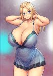  1girl absurdres babydoll bangs_pinned_back blonde_hair blue_babydoll blue_eyes borrowed_character breasts cleavage commentary curvy english_commentary errorkazoo glasses highres huge_breasts inne_sulistya_robin long_hair nightgown original plunging_neckline rimless_eyewear solo standing strap_gap thick_thighs thighs 