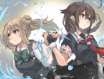  2girls ahoge akicosmossakasa black_gloves black_hair black_serafuku blue_eyes braid brown_eyes double_bun dress fingerless_gloves fist_bump gloves hair_flaps hair_ornament hair_over_shoulder highres kantai_collection light_brown_hair machinery michishio_(kantai_collection) multiple_girls neckerchief pinafore_dress red_neckwear remodel_(kantai_collection) sailor_collar school_uniform serafuku shigure_(kantai_collection) shirt short_twintails single_braid twintails upper_body white_sailor_collar white_shirt 