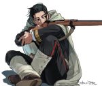  1boy aiming arisaka artist_name black_eyes black_hair bolt_action brown_footwear cape commentary_request facial_scar gaiters golden_kamuy gun hair_slicked_back holding holding_gun holding_weapon hood hood_down hooded_cape indesign long_sleeves looking_away looking_to_the_side male_focus military military_uniform ogata_hyakunosuke pants rifle scar scar_on_cheek shadow simple_background sitting sniper solo uniform weapon white_background 
