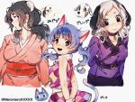  3girls :3 :d animal_ears anteater anteater_ears argyle argyle_dress arms_behind_back bare_shoulders black_choker black_eyes blue_hair bouquet_(doubutsu_no_mori) brenda_(doubutsu_no_mori) cat cat_ears cat_tail character_name choker dog dog_ears doubutsu_no_mori dress dual_persona floppy_ears japanese_clothes kimono miyabi_(doubutsu_no_mori) multicolored_hair multiple_girls obi open_mouth personification pink_kimono sash simple_background sleeveless sleeveless_dress smile tail tail_raised twintails twitter_username two-tone_hair umikinoko_(umitake) white_background 