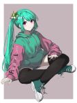  1girl bangs black_legwear blush border closed_mouth crossed_legs drawstring eyebrows_visible_through_hair full_body green_footwear green_hair green_sweater hair_ornament highres hood hoodie long_hair long_sleeves looking_at_viewer magia_record:_mahou_shoujo_madoka_magica_gaiden mahou_shoujo_madoka_magica multicolored multicolored_clothes multicolored_sweater noeru pink_sleeves purple_eyes rumor_tsuruno shoelaces shoes side_ponytail sidelocks sitting smile solo sweater thighhighs yui_tsuruno 