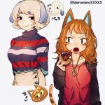  2girls animal_ears black_eyes black_jacket blonde_hair breasts cat_ears cat_girl cat_tail character_name choi_(doubutsu_no_mori) closed_mouth dog_ears doubutsu_no_mori doughnut dual_persona eyebrows_visible_through_hair fangs fingernails floppy_ears food hand_up high-waist_skirt holding holding_food jacket jewelry long_hair long_sleeves medium_breasts multicolored_hair multiple_girls necklace open_clothes open_jacket open_mouth orange_hair personification red_shirt shirt short_hair simple_background skirt sleeves_past_wrists smile sprinkles streaked_hair striped_tail tail tail_raised turtleneck twitter_username two-tone_hair umikinoko_(umitake) v-shaped_eyebrows vanilla_(doubutsu_no_mori) white_background 