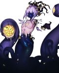  1girl bare_shoulders breasts claws eldritch_abomination extra_eyes faceless floating glowing glowing_eyes highres lavender_hair long_hair looking_at_viewer nude original pigeoncrow simple_background solo tentacles white_background yellow_eyes 