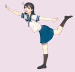  1girl :d ahoge bangs black_hair black_legwear blue_sailor_collar blue_skirt blush breasts brown_eyes collarbone from_side full_body hair_between_eyes highres kantai_collection kneehighs long_hair looking_at_viewer neckerchief no_shoes open_mouth outstretched_arm outstretched_arms pink_background pleated_skirt ribbon sailor_collar school_uniform serafuku shirt short_sleeves simple_background skirt smile solo standing ushio_(kantai_collection) yuuji_(and) 