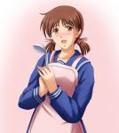  1girl :d adachi_taeko apron blue_shirt blush brown_eyes brown_hair freckles holding_ladle ladle long_sleeves looking_at_viewer open_mouth pink_background school_uniform sentihistory sentimental_graffiti serafuku shirt short_hair short_twintails smile solo twintails 