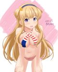  1girl ame-san american_flag_bikini bikini blonde_hair blue_eyes blue_hairband breasts cleavage commentary_request cowboy_shot criss-cross_halter dated double_bun flag_print fletcher_(kantai_collection) hair_ornament hairband halterneck hands_on_own_thighs highres kantai_collection large_breasts leaning_forward long_hair purple_eyes remodel_(kantai_collection) solo star_(symbol) star_hair_ornament swimsuit twitter_username white_background 