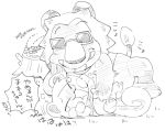  animal_crossing anthro belly_rub blush bud_(animal_crossing) chibi duo eyewear felid hi_res lion male male/male mammal marshal_(animal_crossing) mrmyact3 nintendo pantherine rodent sciurid size_difference sunglasses video_games 