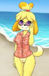  2020 animal_crossing anthro beach bottomless canid canine canis clothed clothing domestic_dog edit eyewear female fur genitals hi_res isabelle_(animal_crossing) kingnaga mammal nintendo pussy sea seaside shih_tzu shirt smile solo sunglasses topwear toy_dog video_games water yellow_body yellow_fur 