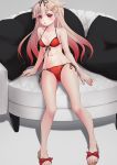  1girl absurdres alternate_costume bikini black_ribbon blonde_hair breasts couch front-tie_bikini front-tie_top gradient_hair hair_flaps hair_ornament hair_ribbon hairclip highres kantai_collection long_hair makura_(user_jpmm5733) multicolored_hair navel red_bikini red_eyes red_hair remodel_(kantai_collection) ribbon sandals side-tie_bikini sitting small_breasts solo swimsuit very_long_hair yuudachi_(kantai_collection) 