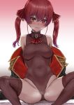  1girl :3 ass athenawyrm bangs bare_shoulders blush breasts brown_legwear brown_leotard covered_navel epaulettes fang fang_out hair_between_eyes heart heart-shaped_pupils heavy_breathing heterochromia highres hololive houshou_marine jacket leotard long_hair looking_at_viewer off_shoulder purple_hair red_eyes sitting solo spread_legs symbol-shaped_pupils thighhighs twintails virtual_youtuber yellow_eyes 