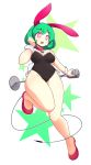  1girl absurdres animal_ears bare_legs bell bell_collar breasts bunny_ears bunny_tail bunnysuit collar commission covered_navel fizintine green_hair highres medium_breasts microphone_stand original purple_eyes shoes short_hair solo star_(symbol) tail white_background 