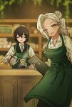  2girls barista black_hair bolo_tie breasts cabinet cafe closed_eyes coffee_pot commentary_request cup dark-skinned_female dark_skin double-parted_bangs earrings green_eyes hair_bun hair_over_one_eye highres holding holding_coffee_pot holding_menu jewelry kaho_eira kimi_no_koto_ga_dai_dai_dai_dai_daisuki_na_100-nin_no_kanojo kusanochika long_sleeves looking_at_viewer medium_breasts meido_mei menu multiple_girls plate ponytail shirt short_hair steam table white_hair white_shirt wooden_table 