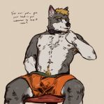 anthro armpit_hair body_hair boxer_briefs boxer_briefs_only bulge canid canine clothed clothing collar dialogue dwcmarshalarts english_text green_boxer_briefs green_clothing green_underwear hand_in_underwear hand_under_clothing hi_res male mammal navel nipples pubes_exposed solo text topless underwear underwear_only