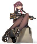 1girl absurdres black_gloves breasts girls_frontline gloves gun h_kasei hair_ribbon highres large_breasts legs long_hair long_sleeves looking_at_viewer necktie open_mouth pantyhose red_eyes red_ribbon ribbon rifle side_slit sitting sniper_rifle wa2000_(girls_frontline) weapon 