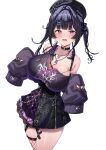  1girl :d absurdres armpit_crease black_choker blush breasts choker cleavage commentary_request eichan_(eichanidfi) hat highres huge_breasts looking_at_viewer nijisanji off-shoulder_sweater off_shoulder purple_eyes purple_hair ring_light_reflection senri_ayumu senri_ayumu_(1st_costume) simple_background single_fishnet_legwear sleeves_past_fingers sleeves_past_wrists smile solo sweater virtual_youtuber white_background 