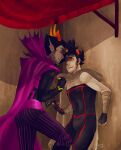 2015 5_fingers against_surface against_wall alien alien_humanoid animal_humanoid aquarius_(symbol) aquatic aquatic_humanoid archived_source astrological_symbol bandage bandaged_arm black_bodysuit black_clothing black_skinsuit bodysuit bottomwear bracelet butt cape clothed clothing colored cornered curved_horn digital_drawing_(artwork) digital_media_(artwork) duo ear_fins facial_hair facial_scar fin fingerless_gloves fingers gills gloves gold_(metal) gold_bracelet gold_jewelry grey_body hair hand_on_wall handwear holding_sickle homestuck horn horned_humanoid humanoid humanoid_on_humanoid jewelry looking_down looking_down_at_partner looking_up_at_partner male male/male miyotora ms_paint_adventures nails neck_gills not_furry orange_horn orphaner_dualscar pants pattern_bottomwear pattern_clothing pattern_pants purple_bottomwear purple_cape purple_clothing purple_pants scar short_hair sickle sideburns skinsuit smile smirk standing striped_bottomwear striped_clothing striped_pants stripes symbol tan_cape tan_clothing the_signless the_sufferer tight_clothing troll_(homestuck) western_zodiac western_zodiac_symbol yellow_sclera