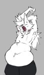 0d0 anthro armpit_tuft belly belly_rolls big_belly canid canine canis clothed clothing eyes_closed fangs fur fur_tuft hair hi_res male mammal open_mouth overweight overweight_male raised_arms solo teeth thick_thighs tired topless topless_male tuft white_body white_fur wide_hips wolf yawn