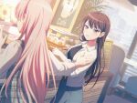  2girls bang_dream! bang_dream!_it's_mygo!!!!! belt black_shirt blue_skirt brown_belt brown_hair cafe chihaya_anon day earrings game_asset indoors jacket jewelry long_hair looking_at_another mole mole_under_eye multiple_girls official_art pink_hair purple_eyes shiina_taki shirt single_earring skirt third-party_source triangle_earrings white_jacket 